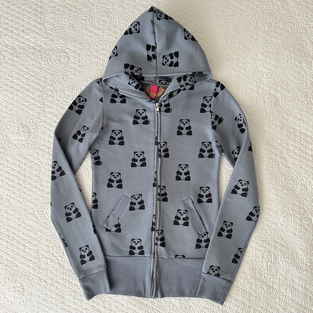 Rare Vintage Y2K PRIMP Gray Panda Print Hoodie Zip Up Sweatshirt Women’s Small